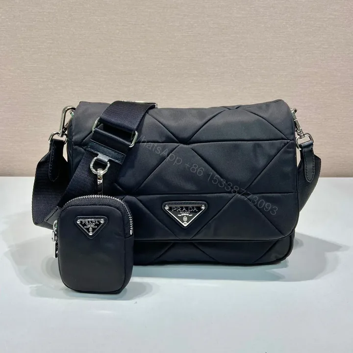View 1 of MEDIUM FLAP BAG 24 IN BLACK TRIANGULAR QUILTED PATTERN RE-NYLON