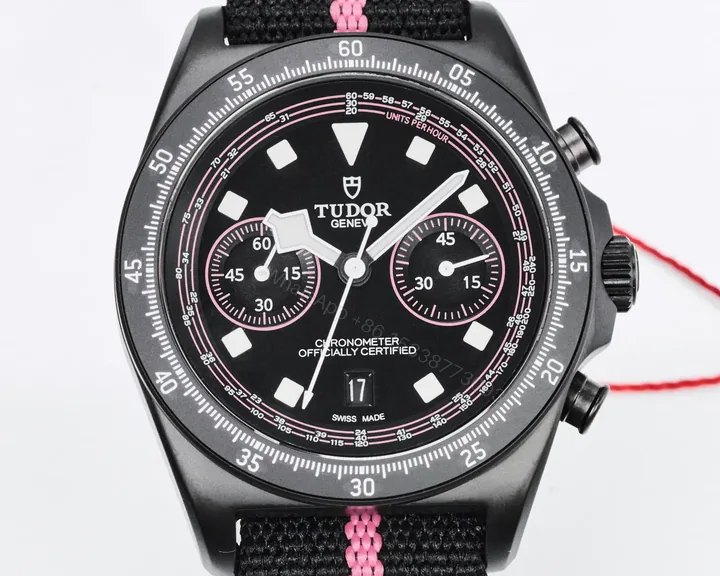 View 1 of Tudor FXD Chronograph Black Dial Pink Stripe Fabric Strap Premium 43MM TUD-FXD-CHRONO-BLK-PNK-FAB-43