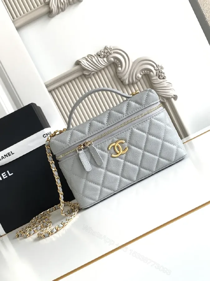 View 1 of Quilted Crossbody Bag with Gold Logo, Gray, Luxe Style