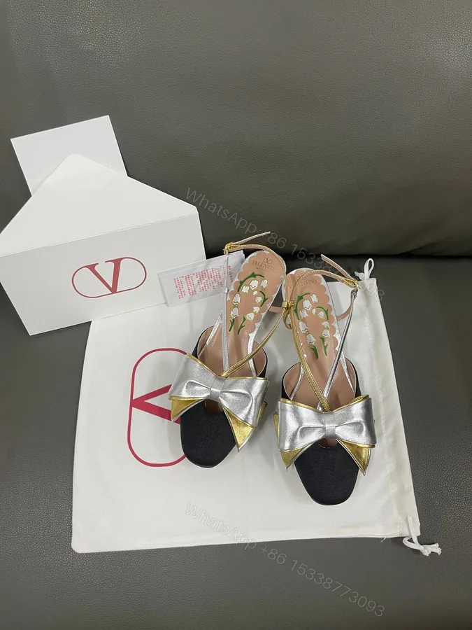 View 1 of Valentino Women Black Satin Silver Gold Leather Heels