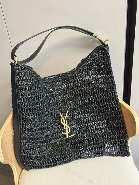 View 1 of Textured Crochet Shoulder Bag with Gold YSL Logo, Luxury Style