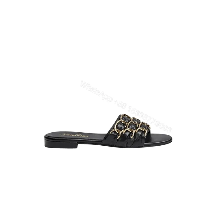 View 1 of Chanel Slide Sandals Gold Chain Black