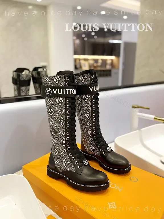 View 1 of Bold Monogram Knit Boots - LV-Inspired Halo Lug Sole Boots