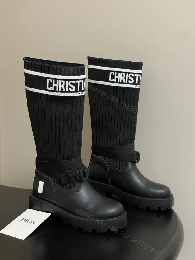 View 1 of Ribbed Knit Leather High-Top Boots: Luxe Streetwear Boldness