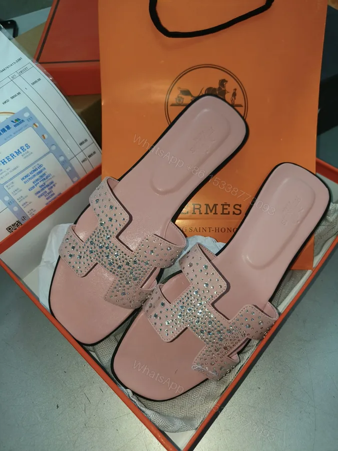 View 1 of FIRST COPY Hermes pink drill diamonds flats