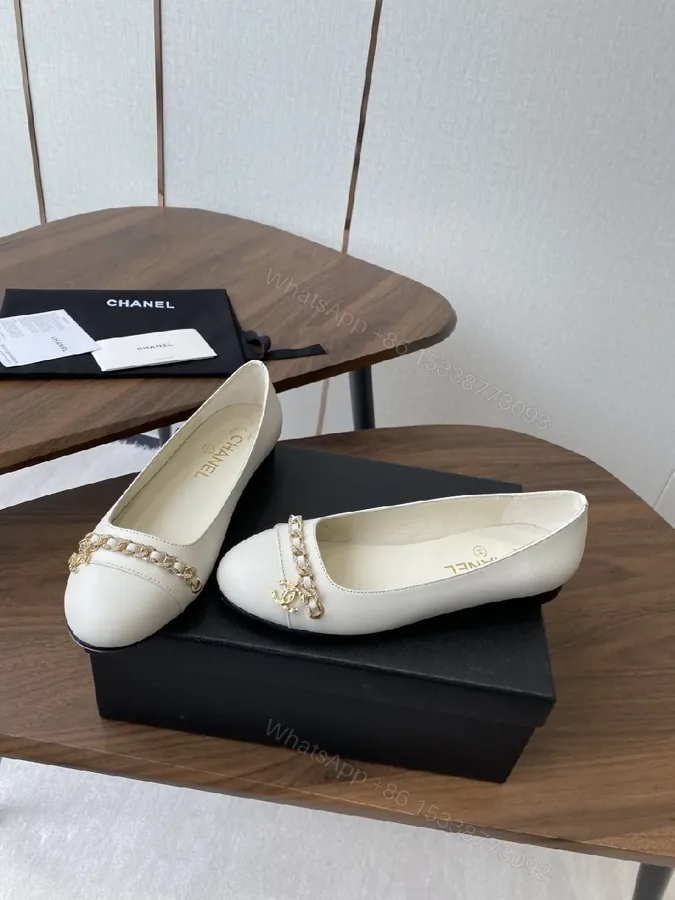 View 1 of White Leather Ballet Flats with Gold Chain Detail - Luxe Comfort