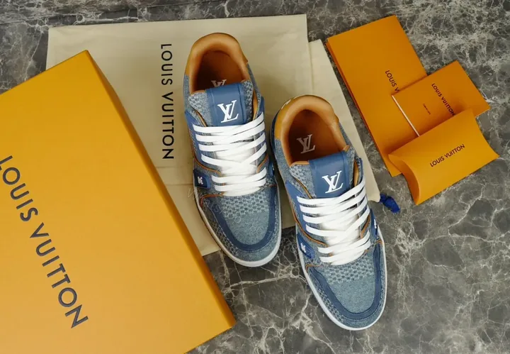 View 1 of Denim Luxe LV High-Top Trainer with Signature Monogram Details