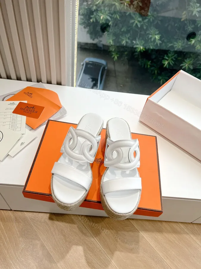 View 1 of Hermes Women White Leather Espadrille Sandals