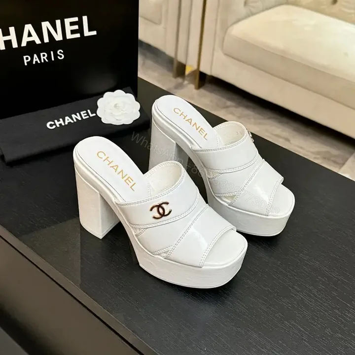 View 1 of White Patent Platform Mules, Chunky Heel, Triple-Strap Style