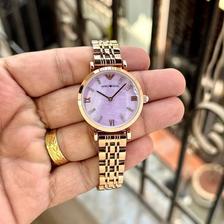 View 1 of First Copy Emporio Armani Rose Gold Lavender Dial Diamond Marker Women’s Analog Watch