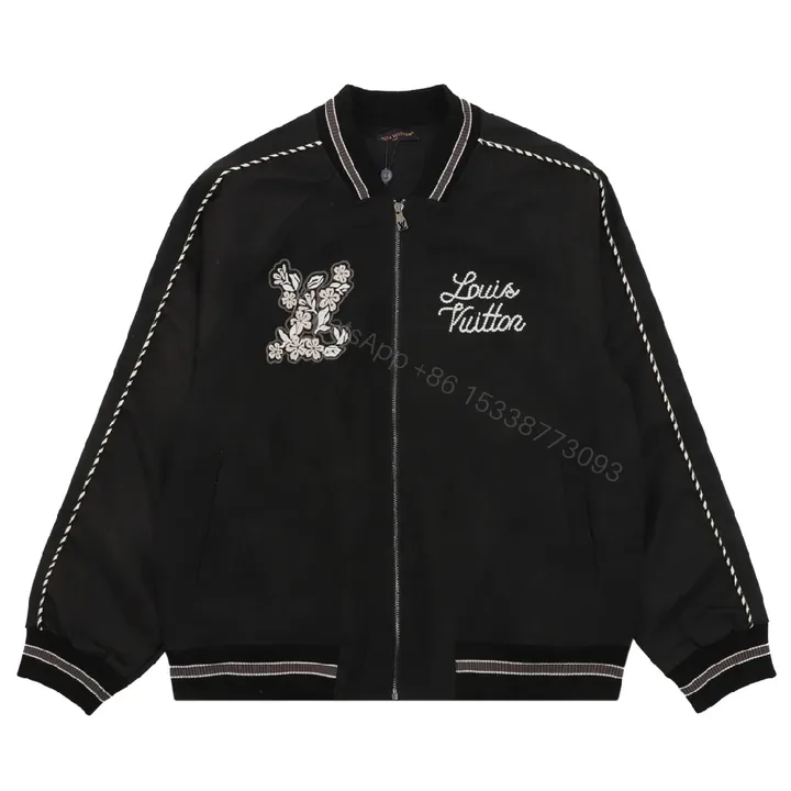 View 1 of Black Velour Bomber – Bold Floral Applique with Signature Script
