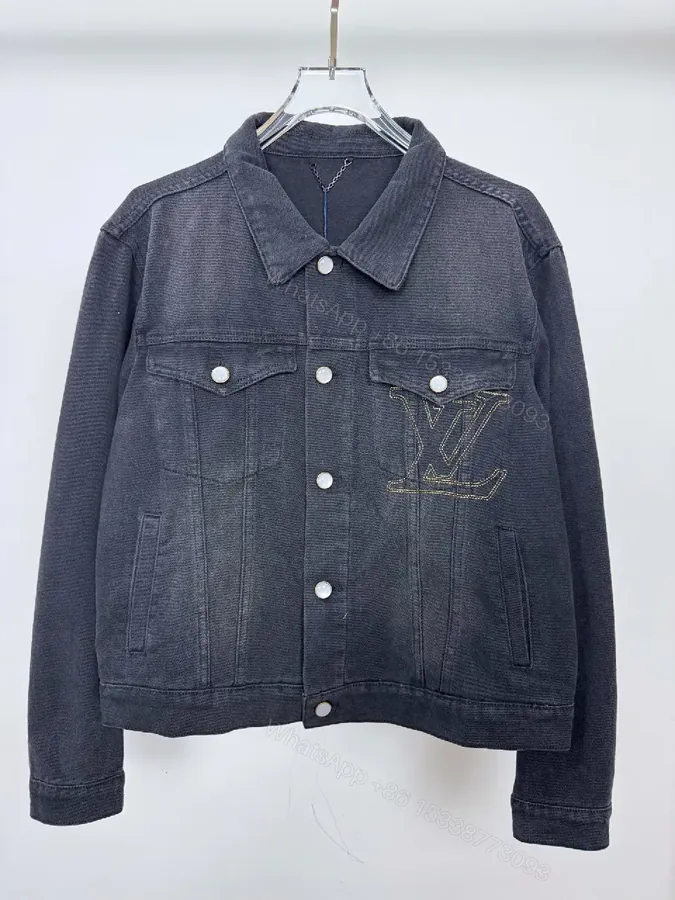 View 1 of Dark Denim Jacket + LV-Inspired Logo Stitching + Edgy Casual + Signature Logo Detail + Jacket