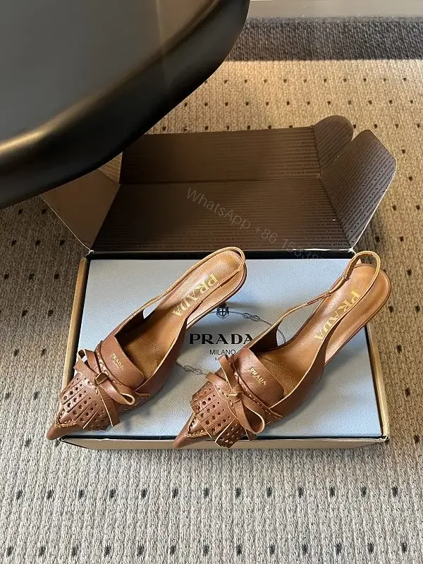 View 1 of Brown Leather Slingback Sandals Classic Style Open-Toe Prada Box Pair