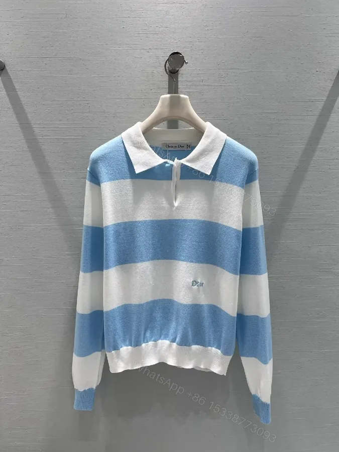 View 1 of Blue & White Striped Polo Knit with Signature Charm
