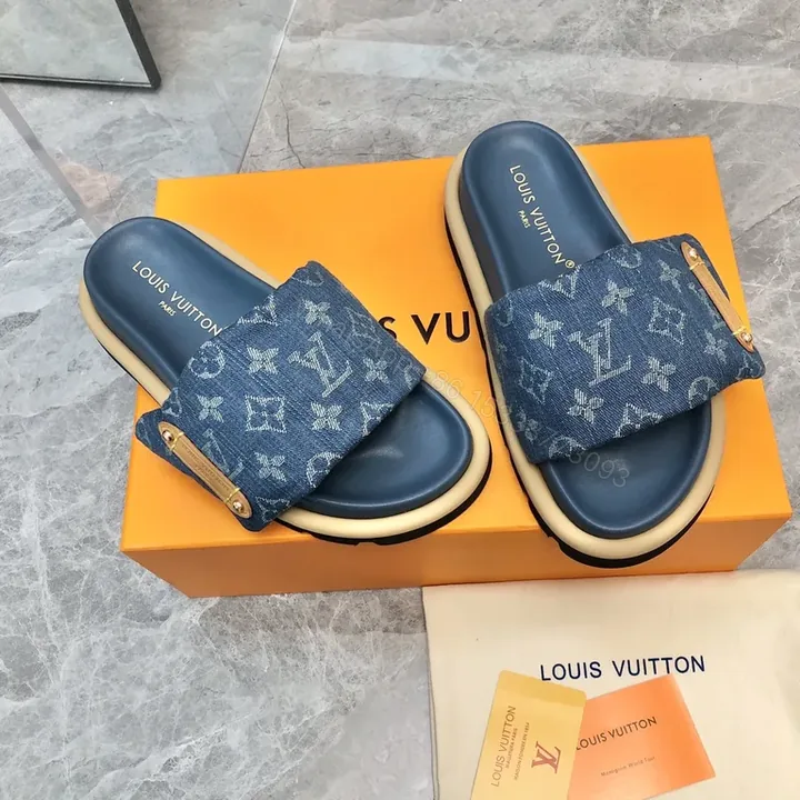 View 1 of Denim Monogram Slides: Luxe Comfort for Summer Style
