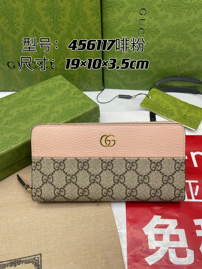 View 1 of Gucci 原單GG Marmont粉色拼接帆布拉鍊長夾 女士優雅款