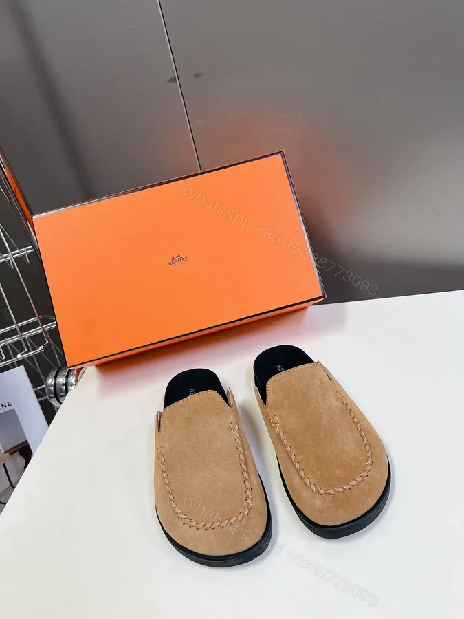 View 1 of Hermes Women Tan Suede Slip On Mules