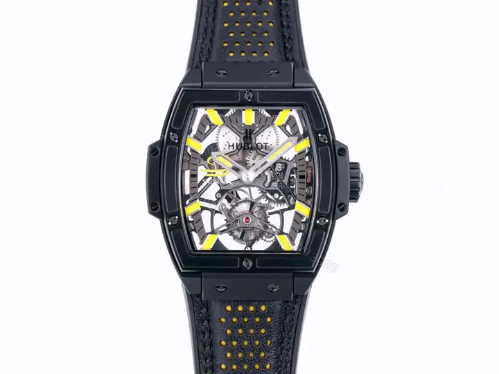 View 1 of Hublot Masterpiece 906 Black and Yellow Skeleton Tourbillon Watch with 18K Rose Gold/Platinum Plated Case and Leather/Rubber Strap