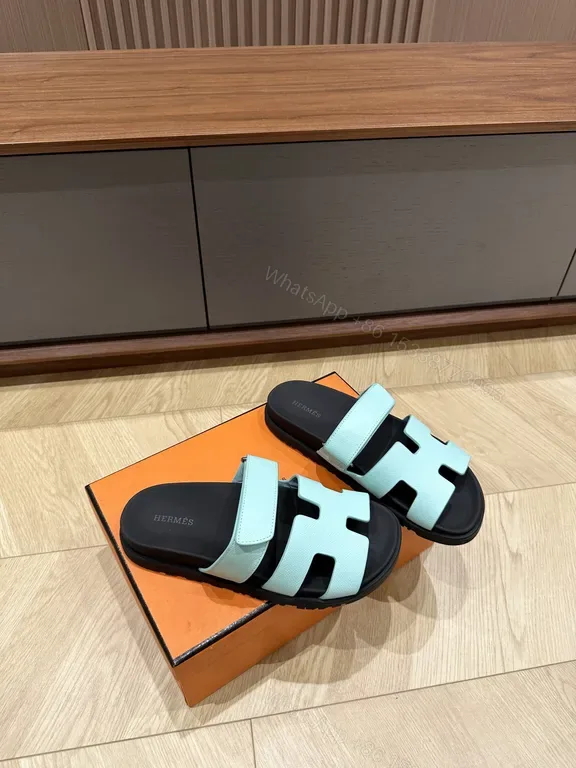 View 1 of Light Blue Leather H-Strap Sandals – Replica Hermes Style