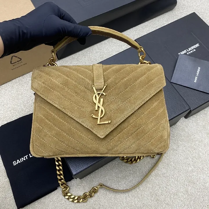 View 1 of Taupe Quilted Bag with Gold Hardware Accent