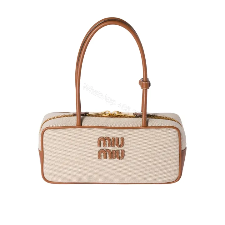 View 1 of MIUMIU BEAU CANVAS BAG BEIGE AND BRANDY 28CM 5BB173 ACRN F062F V OWM