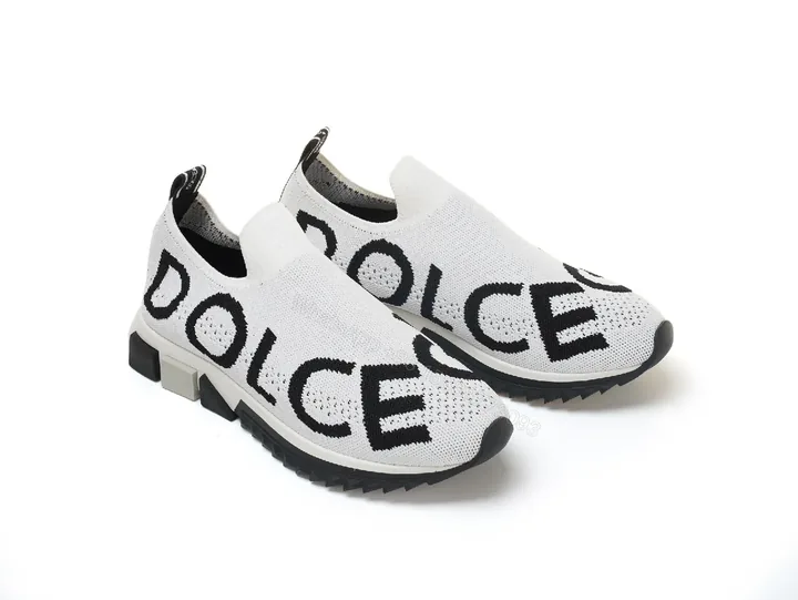 View 1 of White Knit Slip-Ons with Bold Lettering Sneakers