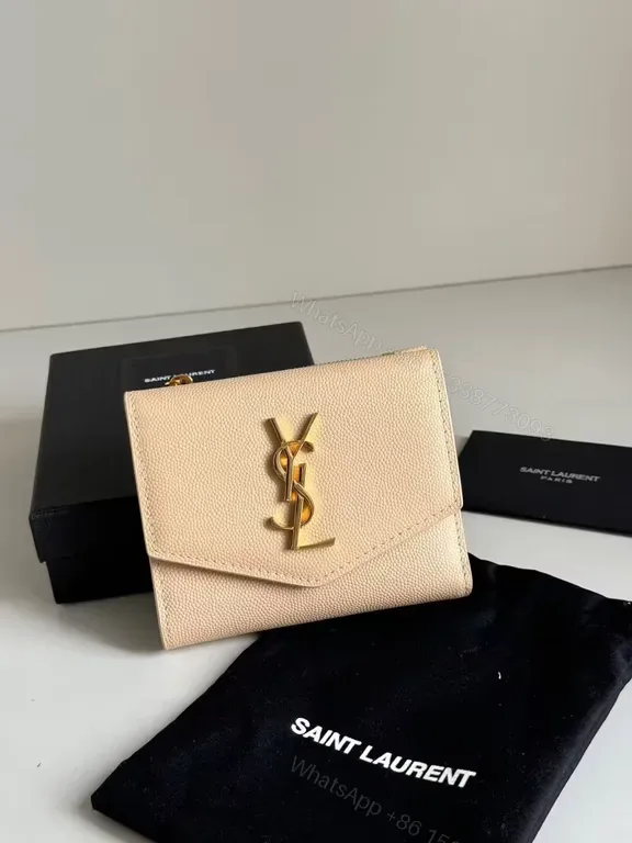 View 1 of Nude-Pink Pebbled Leather Wallet with Gold YSL Hardware