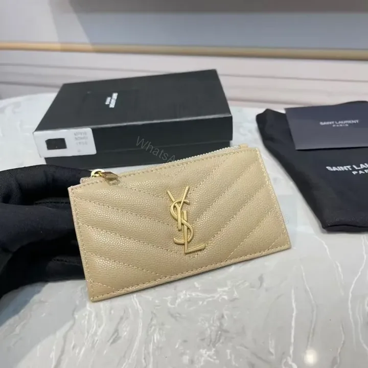 View 1 of Chic YSL-Influenced Quilted Compact Wallet - Nude Leather