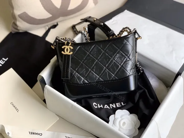 View 1 of Chanel-Style Quilted Crossbody: Black Leather, Gold Charm