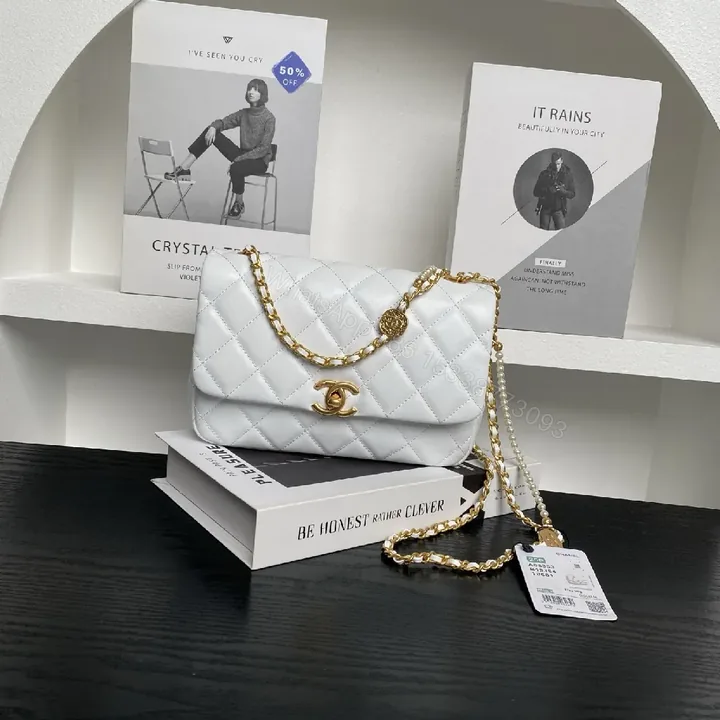 View 1 of White Quilted Mini Bag, Gold Chain, Everyday Luxury Bag