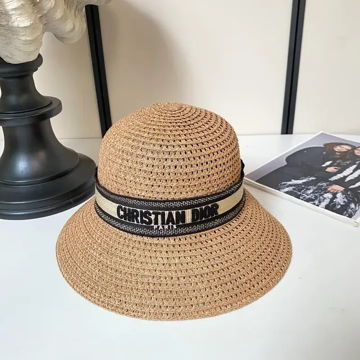View 1 of Natural Tan Straw Hat • Crochet Lattice Texture • Boater Style • Wide Brim Sun Hat with Dior Band • Product Type: Hat