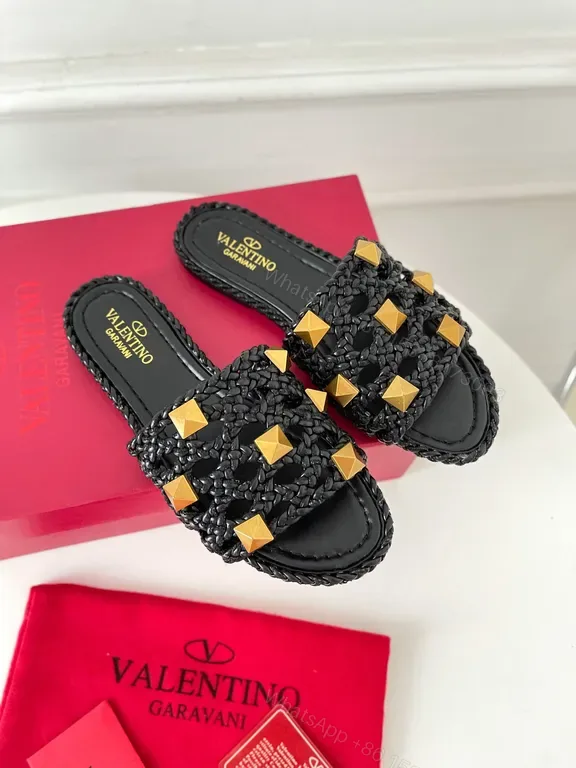 View 1 of Valentino Black Braided Slides with Gold Studs - Luxury Sandal