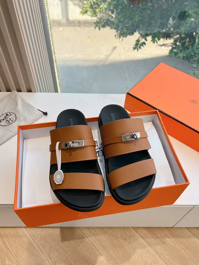 View 1 of Hermes Women Brown Leather Straps Sandals
