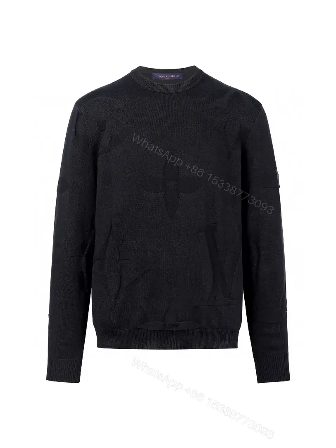 View 1 of Textured Black Knit with Monogram Motif – Luxury Everyday Sweater