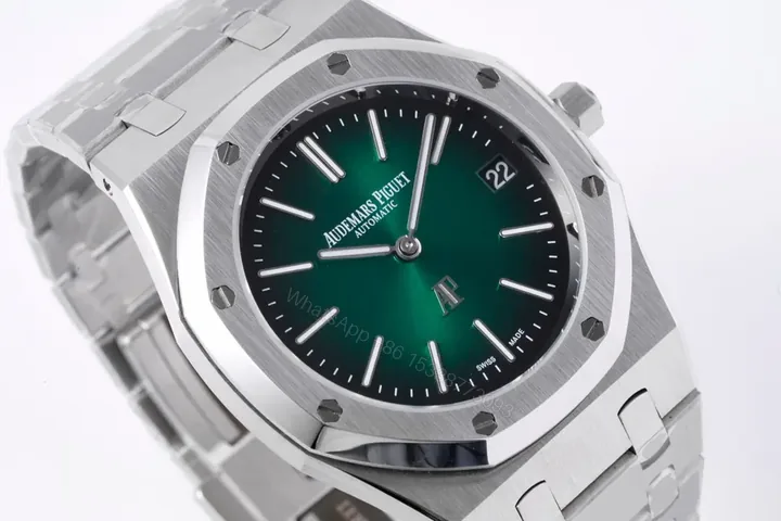View 1 of V9 Factory Audemars Piguet Royal Oak 15202 Stainless Steel Watch with Green Dial and Petite Tapisserie Pattern