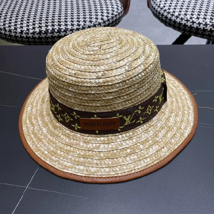 View 1 of Natural Straw Panama Hat with LV-Inspired Band Sun-Ready Luxury