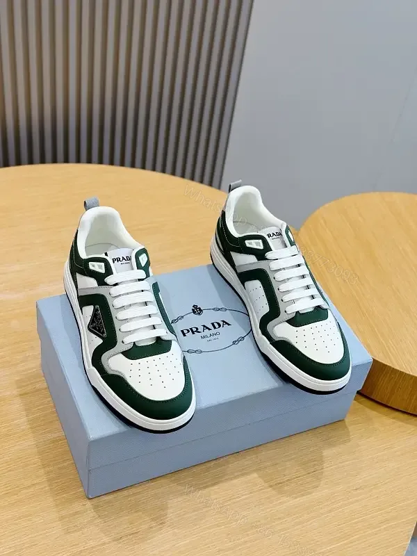 View 1 of Green Leather Runner Sneaker with White Laces Prada Style Sneakers