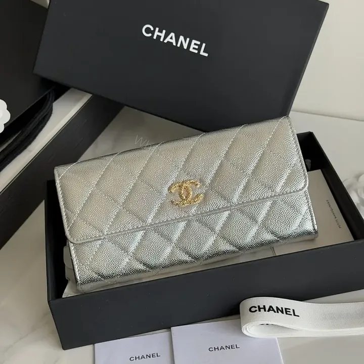 View 1 of Silver Metal Leather Quilted Wallet with CC Flap Closure