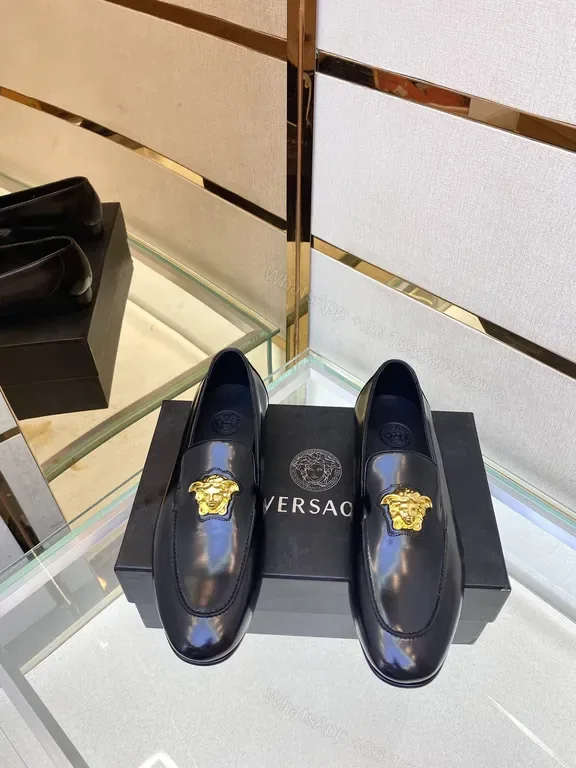 View 1 of Versace Black Calfskin Loafers with Medusa Hardware