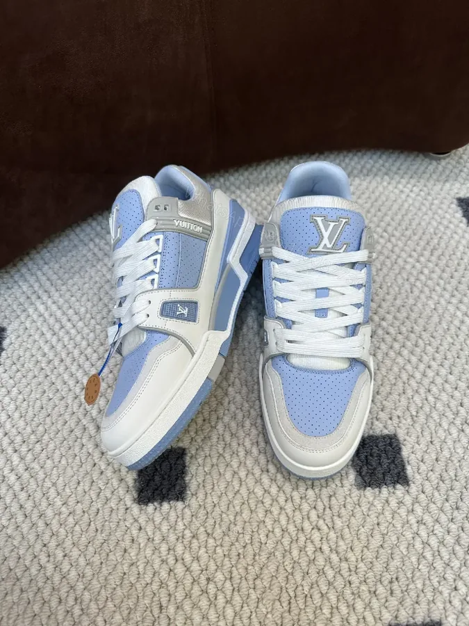 View 1 of Light-Blue Perforated Panels Modern Low-Top Sneakers with LV-Inspired Accents