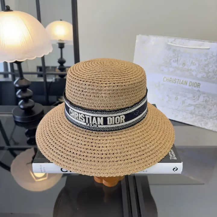 View 1 of Natural Straw Boater Hat with Ribbon Brand Stripe - Dior Inspired