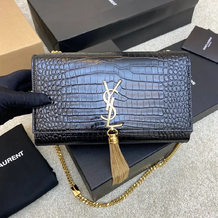 View 1 of Black Crocodile Leather Wallet with Gold Tassel