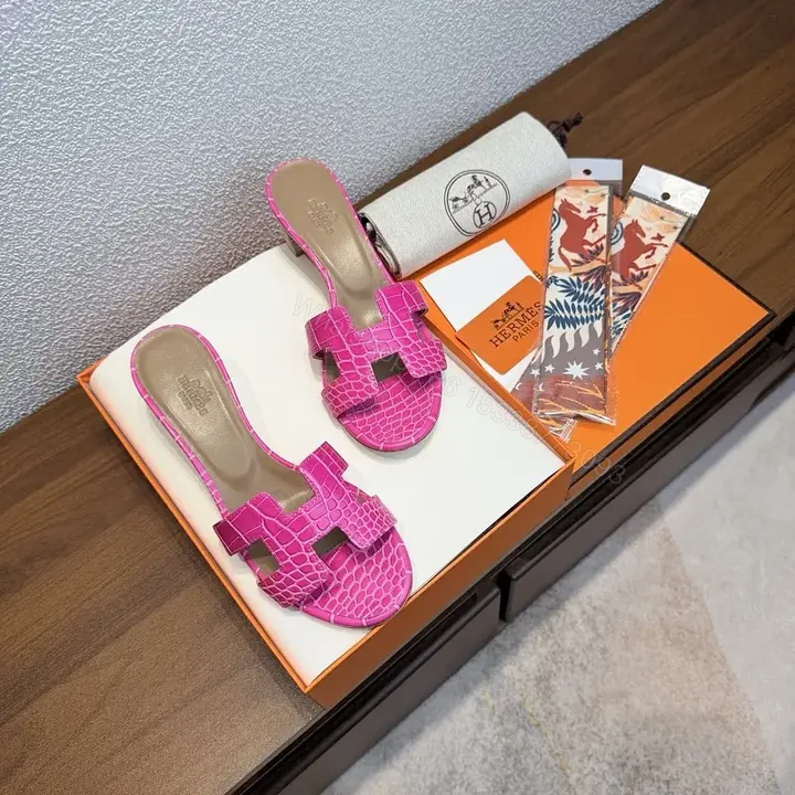 View 1 of Pink Croc-Embossed Sandals with Buckle – Hermès Style Slide