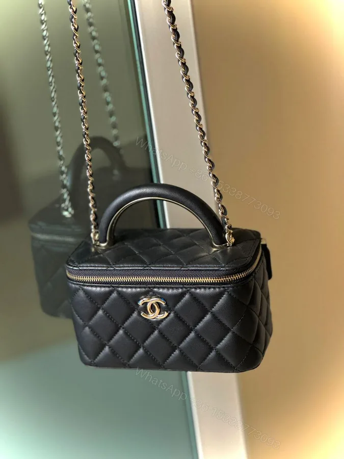View 1 of Chanel Lambskin Quilted Small Top Handle Vanity Case With Chain
