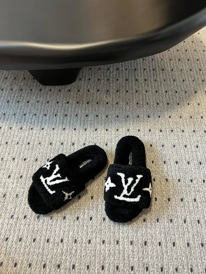 View 1 of Chunky Black Fleece Slides + Monogram Luxe + Open-Back + Plush Comfort + Sliders