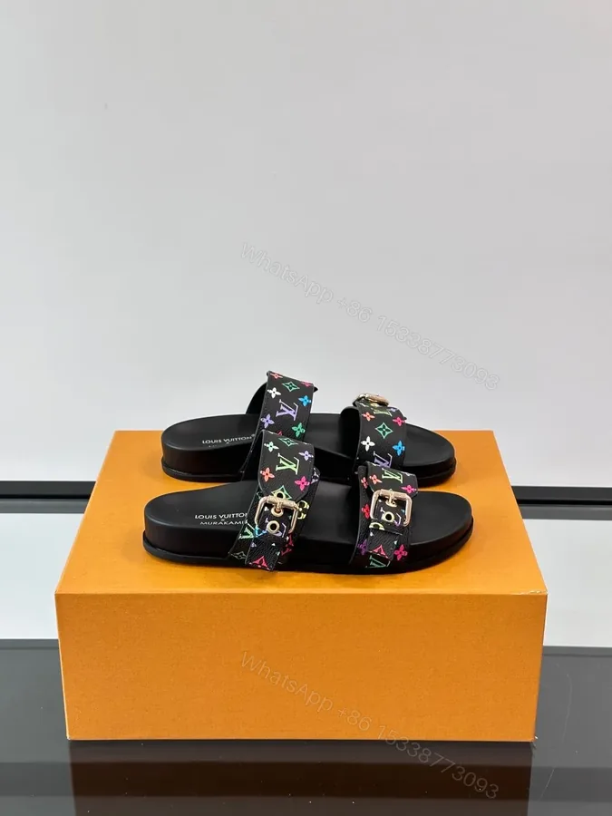 View 1 of LV Men Black Leather Multicolor Monogram Slides