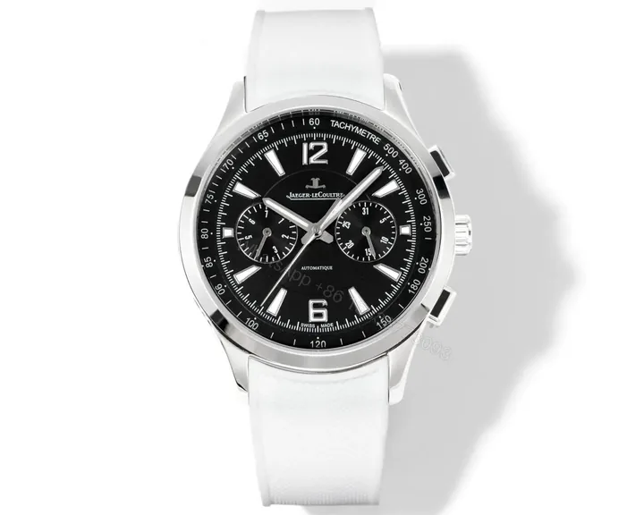 View 1 of Jaeger LeCoultre Black Chronograph Watch White Rubber Strap Ultimate 42MM JLC-POL-CHRONO-BLK-WHT-RUB-42