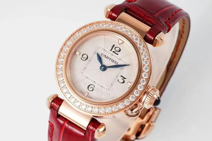 View 1 of BV Factory Cartier Pasha de Cartier Women’s Watch, 30mm, Rose Gold with Diamond Bezel, Red Leather Strap, Blue Steel Hands