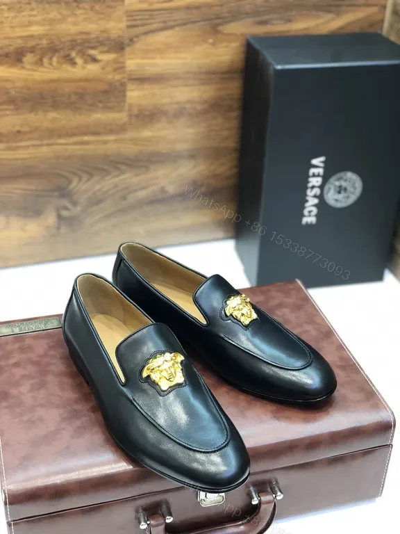 View 1 of Versace Black Leather Loafers with Gold Medusa Emblem