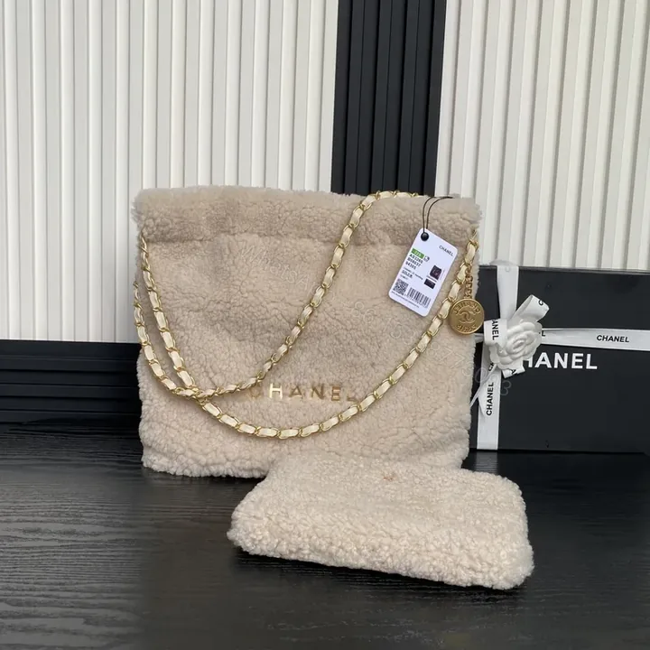 View 1 of Chanel-Inspired BouclÃ© Crossbody Bag in Cream with Gold Chain